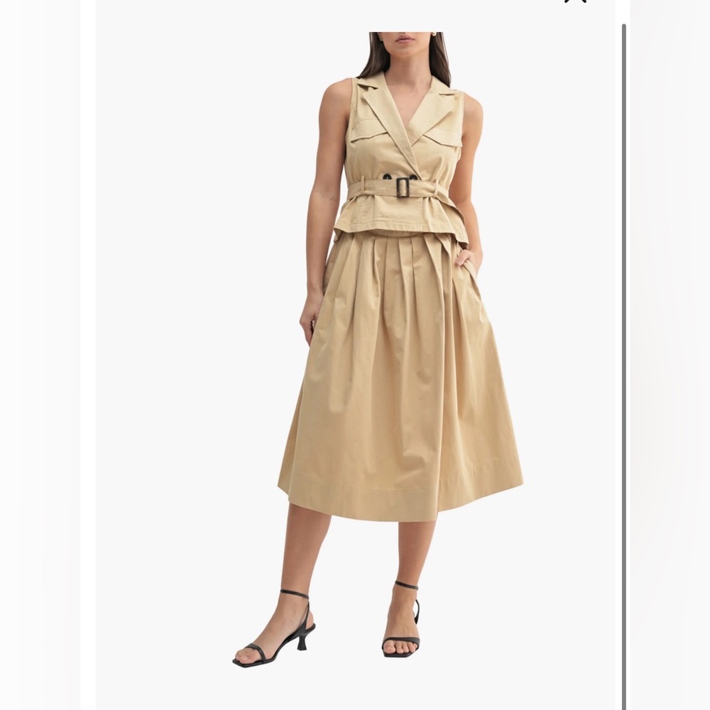 Sleeveless Belted Khaki A line Midi Dress